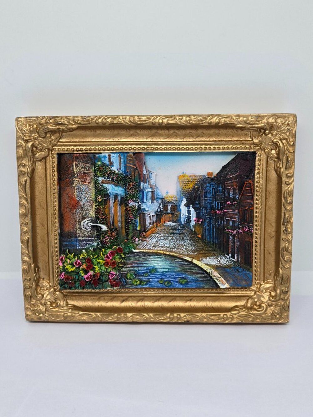 Raised 3D European Street Scene Resin Wall Plaque, Gold Frame